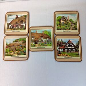 5 Pimpernel English Cottages Scenic Wood Coasters Cork Backs Made in England